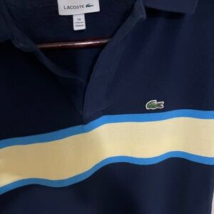 Lacoste Big Boys Navy Contrast Striped Polo Shirt Size 16 First Button Missing